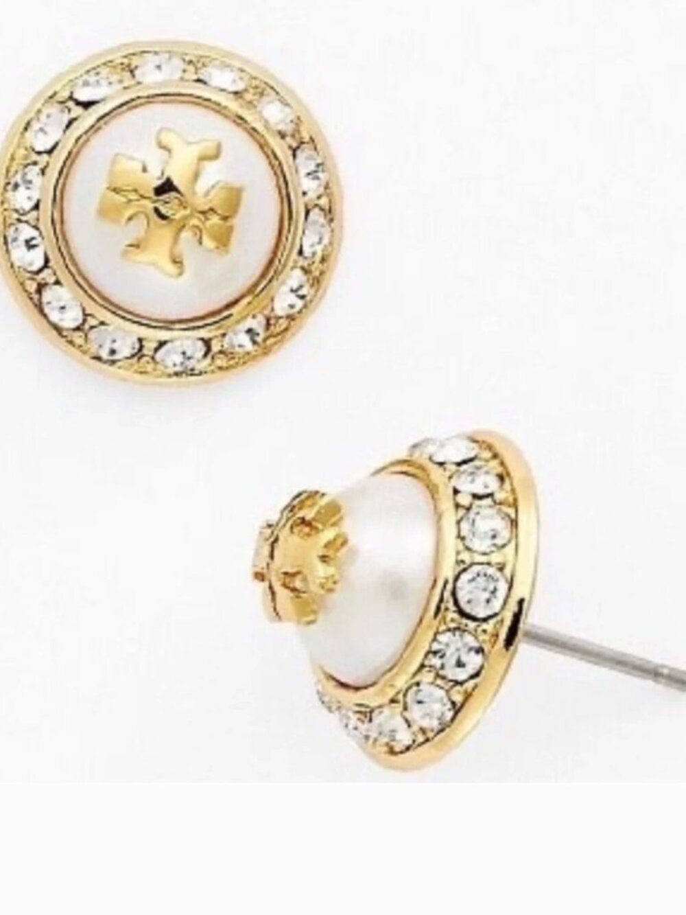 Tory Burch Crystal Halo Logo Stud Earrings Gold Tone Pearl